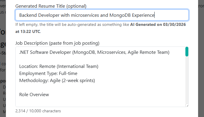 Free AI Resume Tailoring Interface